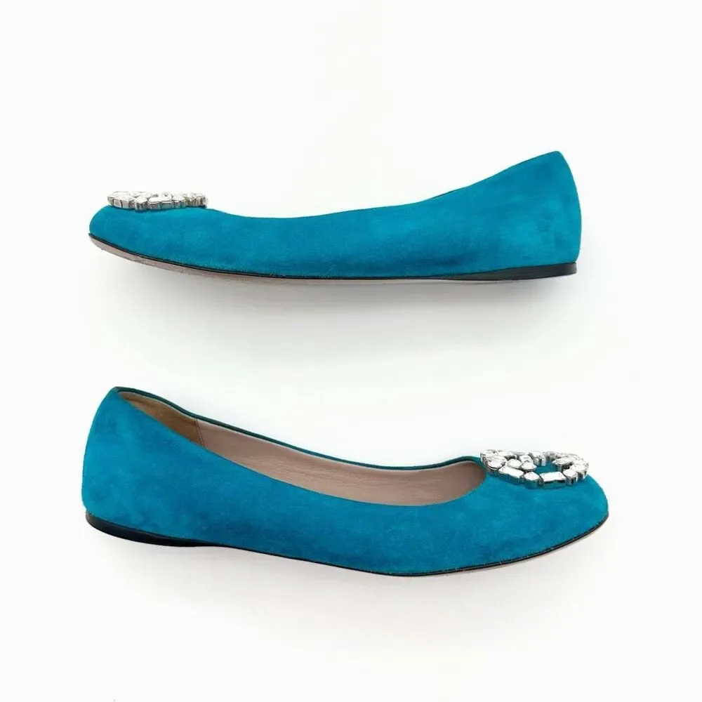 GUCCI Interlocking Crystal GG Ballet Flat Size 37 US 7 Teal Blue Suede
